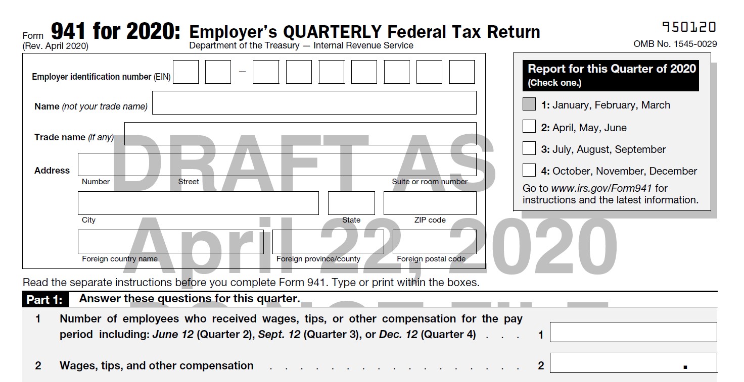 Irs Releases Draft Form 941 To Support Ffcra And Cares Act Payroll Tax Credits 
